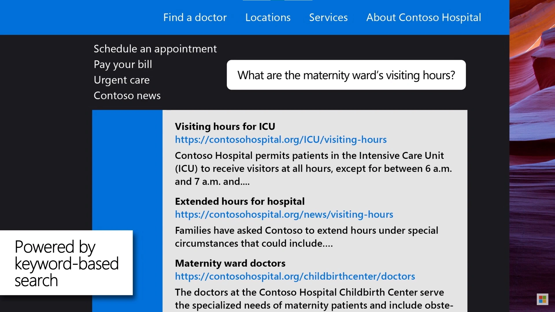 Screenshot of a search results window showing results from a keyword-based search