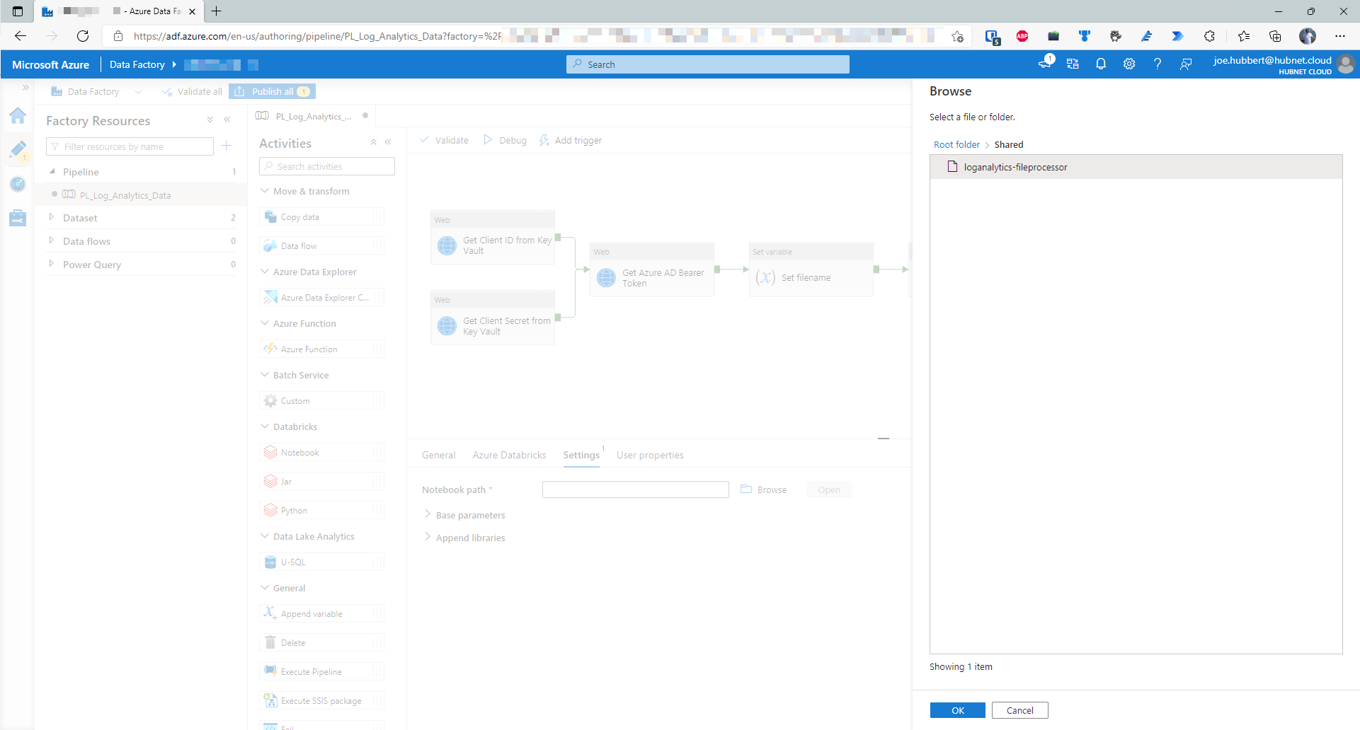Screenshot of Azure Data Factory Databricks notebook activity showing the previously created notebook select to be used for the notebook path setting