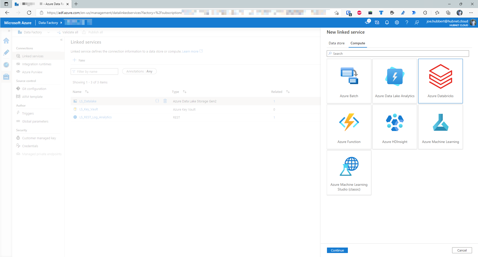 Screenshot of Azure Data Factory showing the menu for creating a new linked compute service. Azure Databricks is selected