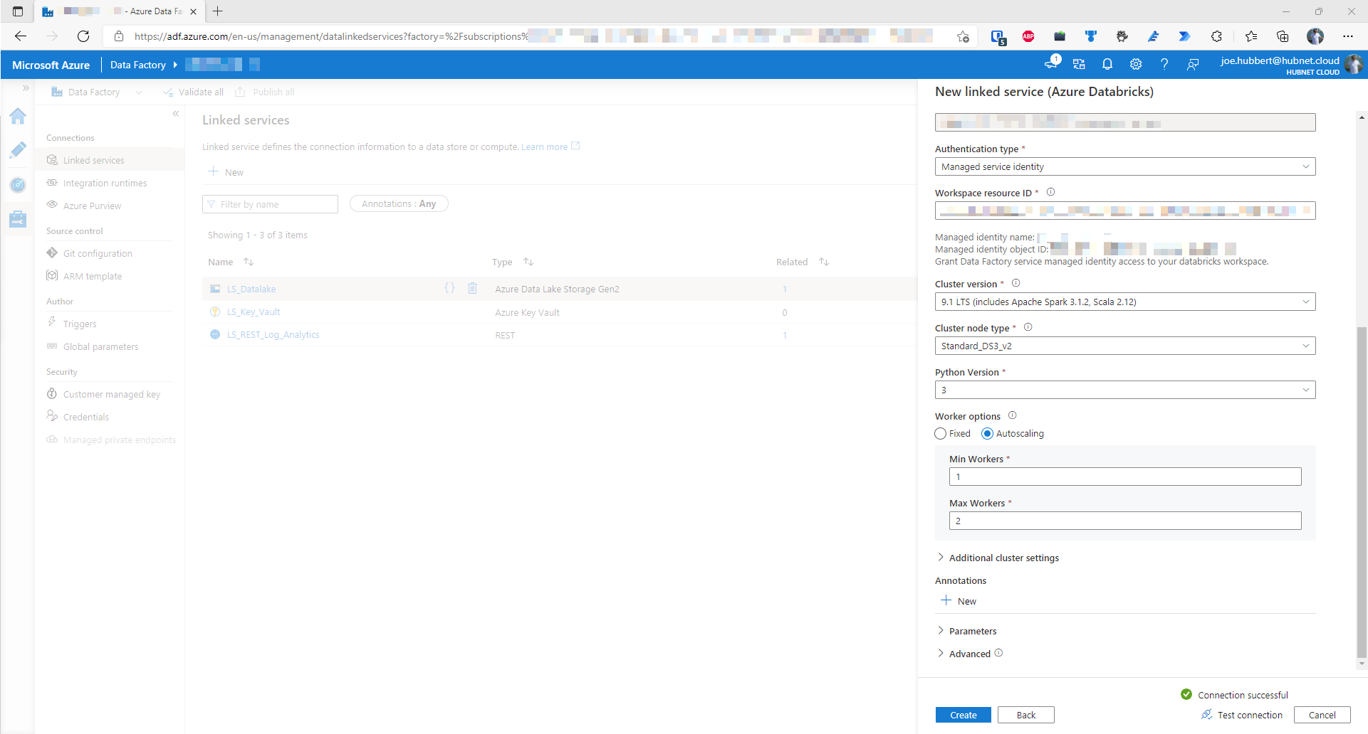Screenshot of Azure Data Factory showing what configuration for Azure Databricks linked service should look like part 2