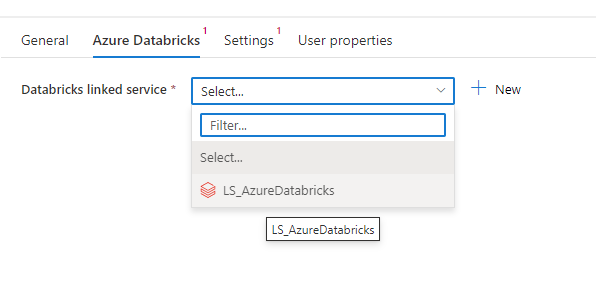 Screenshot of Azure Data Factory Databricks notebook activity settings to associate with Azure Databricks linked service