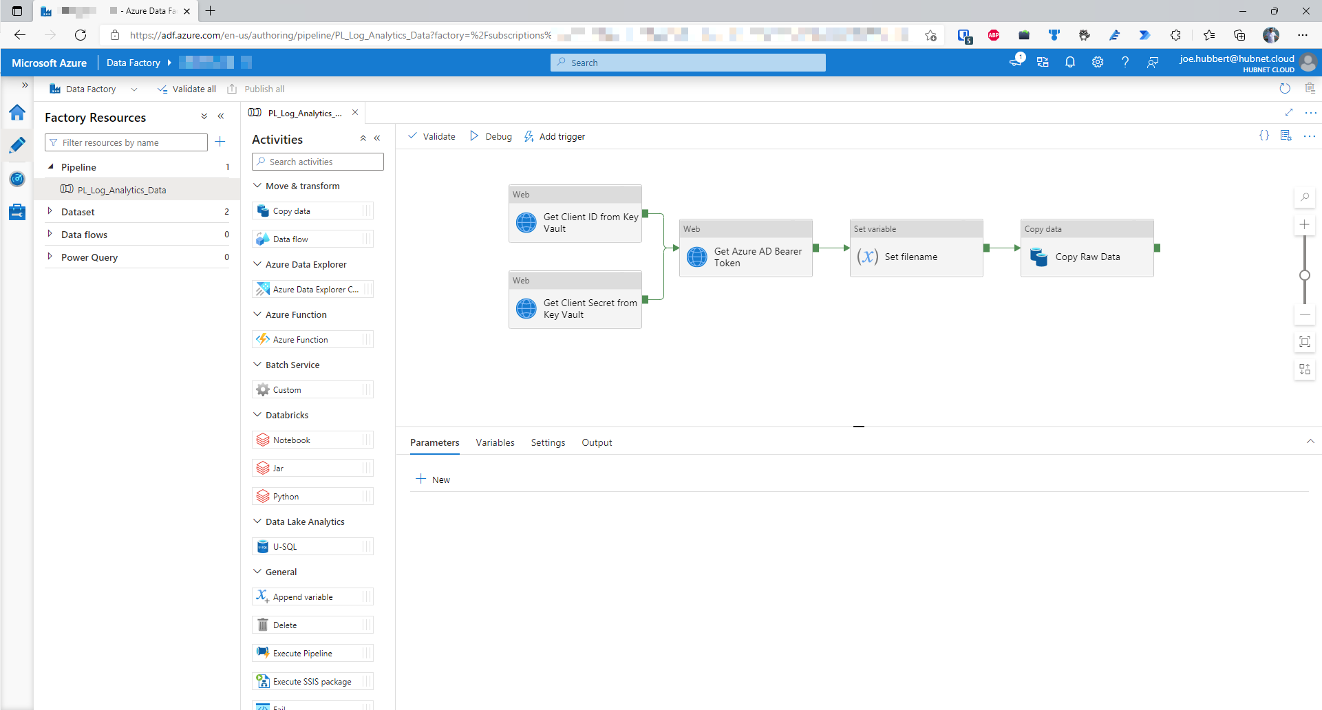 Screenshot of the example Azure Data Factory authoring view showing example pipeline with available activities showing