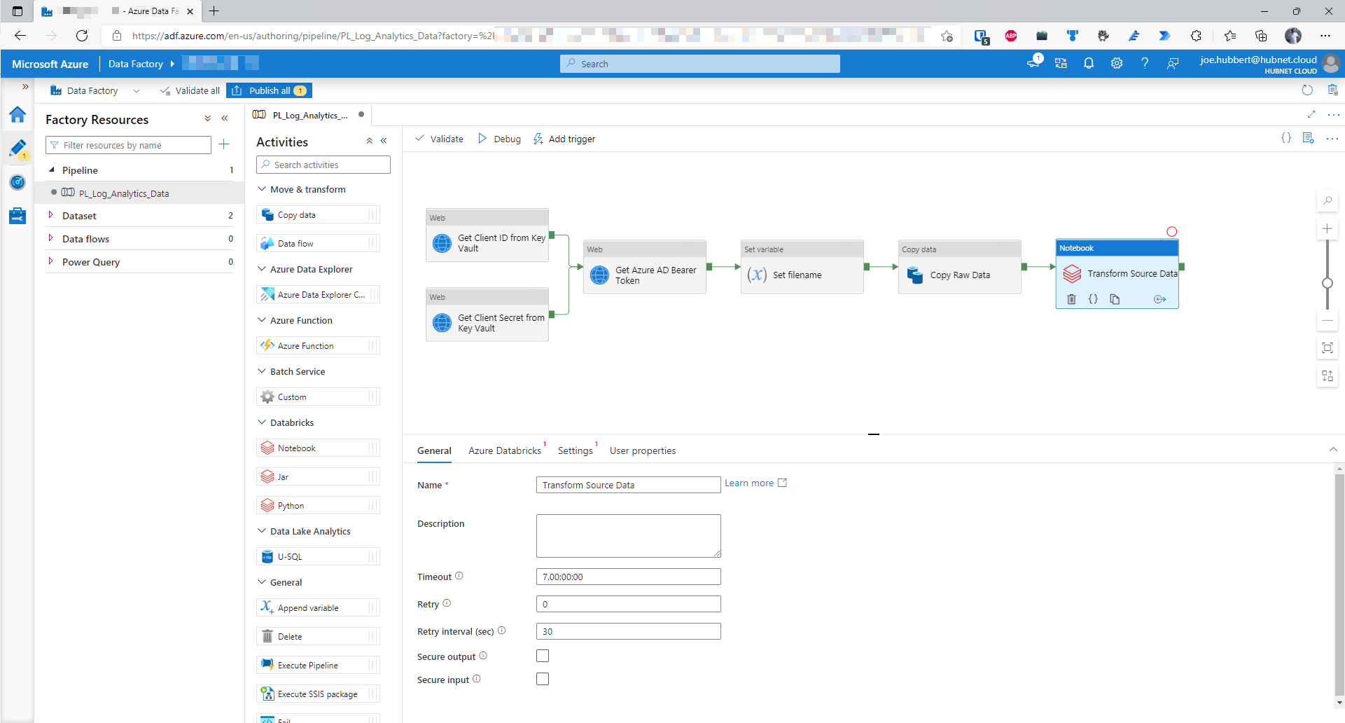 A screenshot of the example Azure Data Factory pipeline with the newly added Azure Databricks notebook activity called Transform Source Data